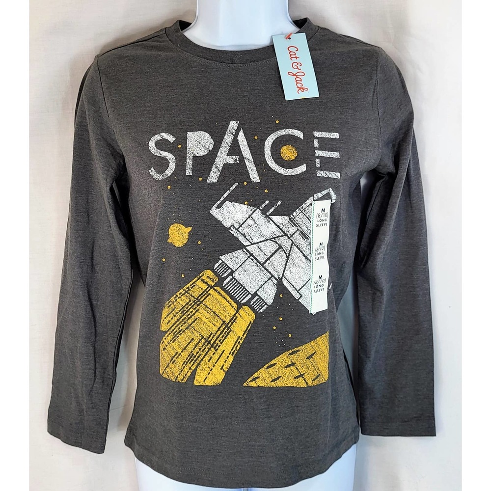 Cat and Jack GirlsTee Shirt Medium 8/10 Long Sleeve Space Theme Gray New